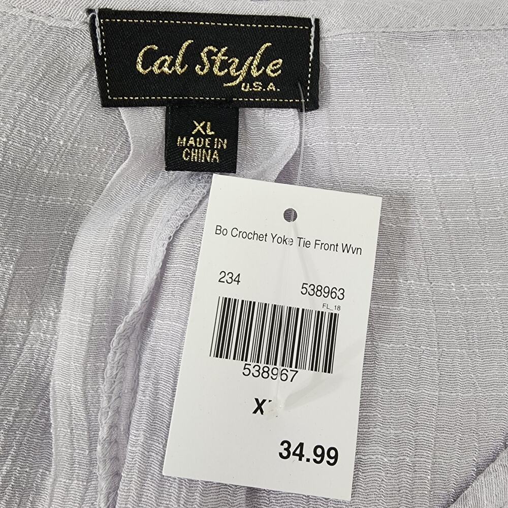 Cal Style Top Women XL Bo Crochet Yoke Tie Front Tunic Tassel Lightweight Purple - Picture 8 of 11